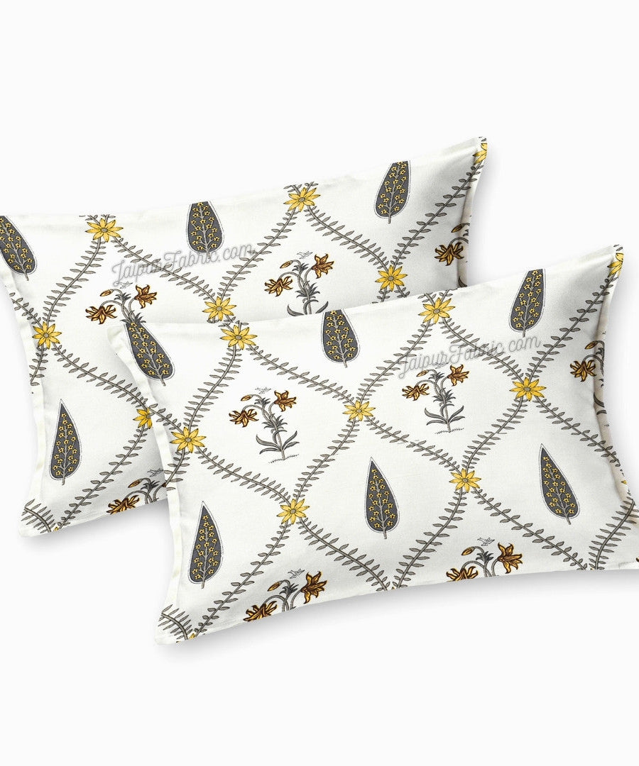 Beautiful Yellow & Grey Pookalam Floral Symphony Rihaa Handblock Printed King Size Bedsheet