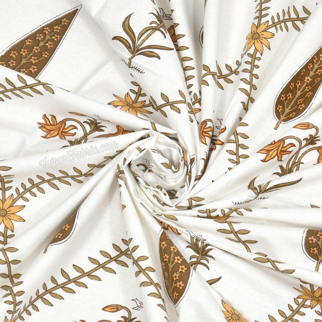 Pinklay Golden Bloom Heritage King Bed Sheet with Yellow & Brown Floral Block Prints