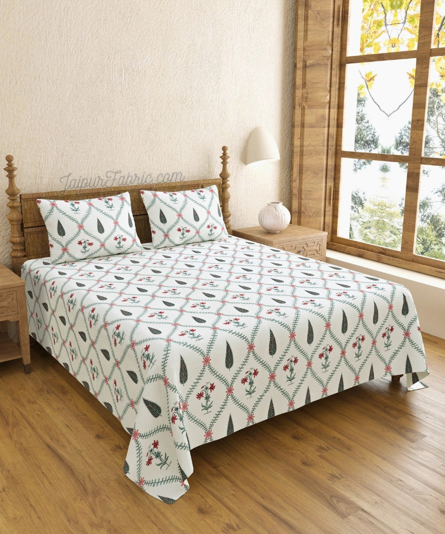 Madhuban Handblock King Size Bedsheet Pink Flowers and Green Leaves