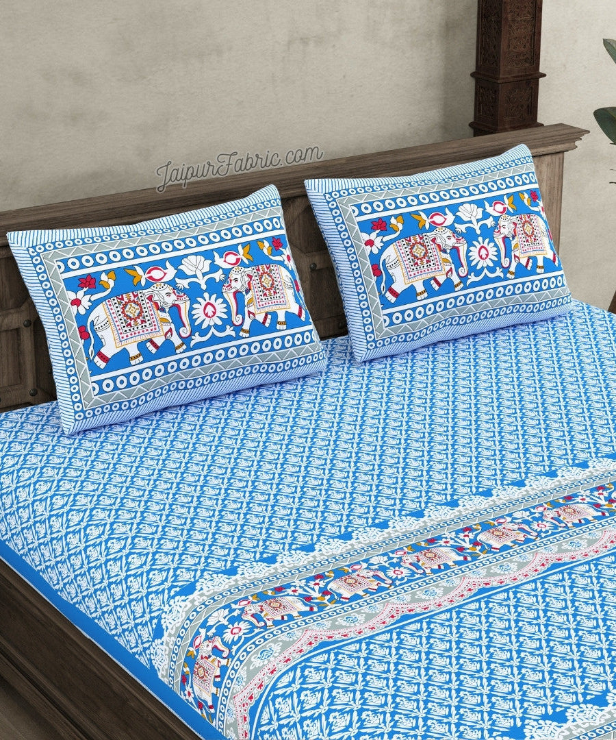 Jaipuri Elephant Parade Design Super King Size Blue 10 Feet Wide Bedsheet with Elegant Prints