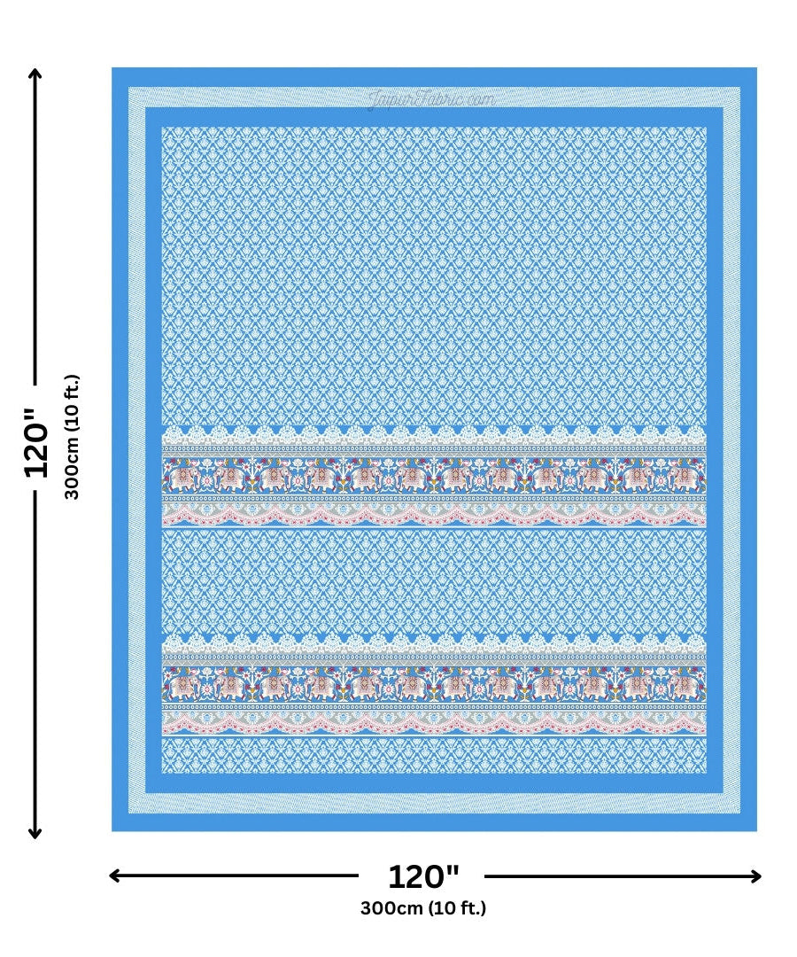 Jaipuri Elephant Parade Design Super King Size Blue 10 Feet Wide Bedsheet with Elegant Prints