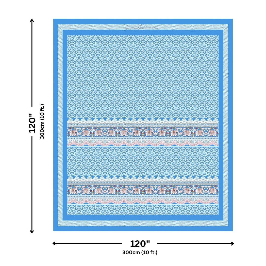Jaipuri Elephant Parade Design Super King Size Blue 10 Feet Wide Bedsheet with Elegant Prints