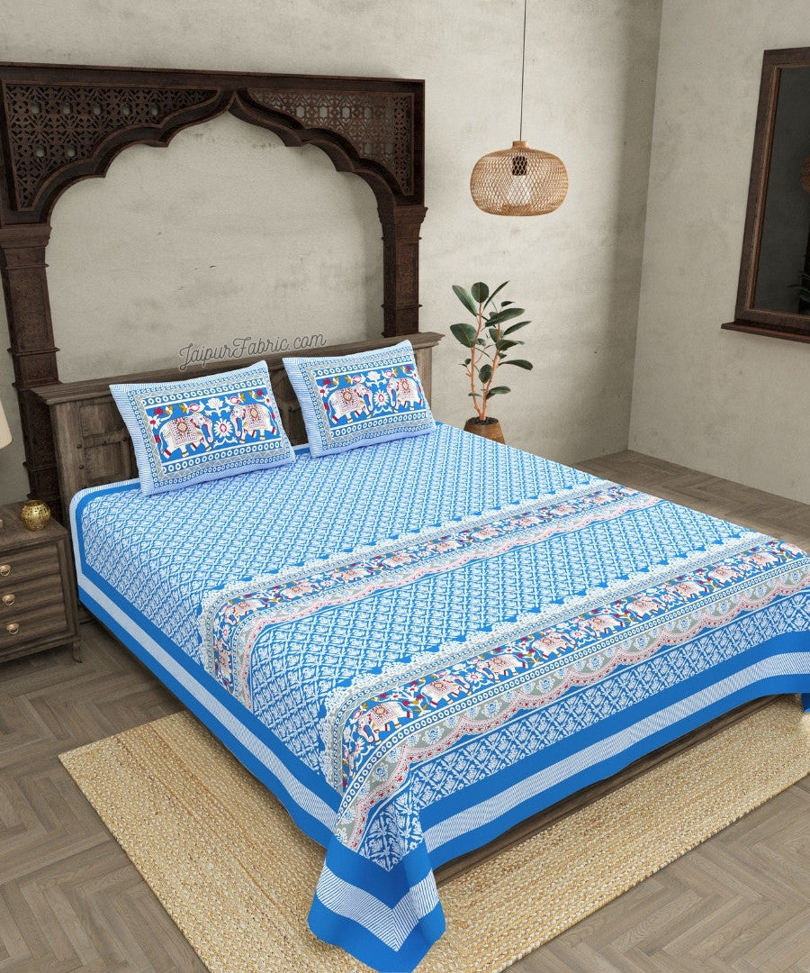 Jaipuri Elephant Parade Design Super King Size Blue 10 Feet Wide Bedsheet with Elegant Prints