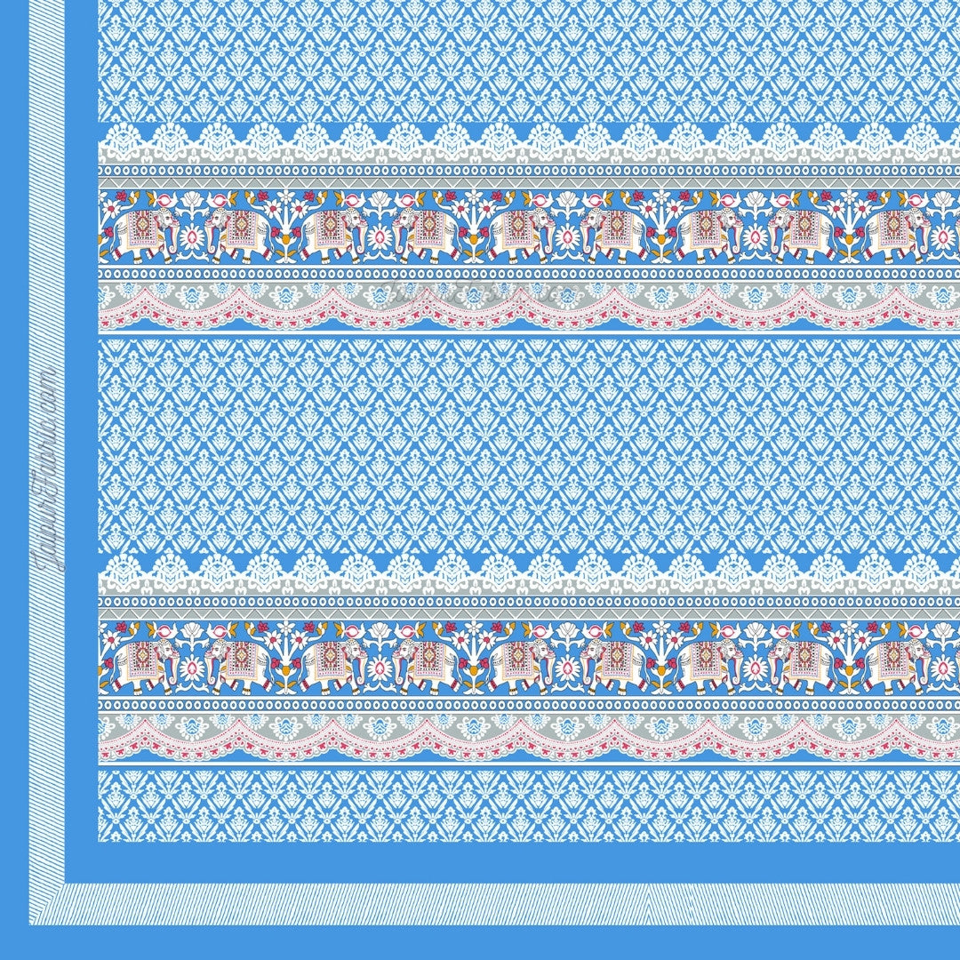 Jaipuri Elephant Parade Design Super King Size Blue 10 Feet Wide Bedsheet with Elegant Prints