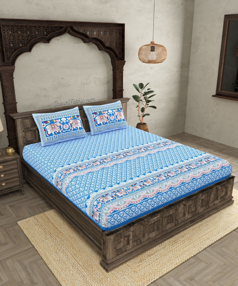 Jaipuri Elephant Parade Design Super King Size Blue 10 Feet Wide Bedsheet with Elegant Prints