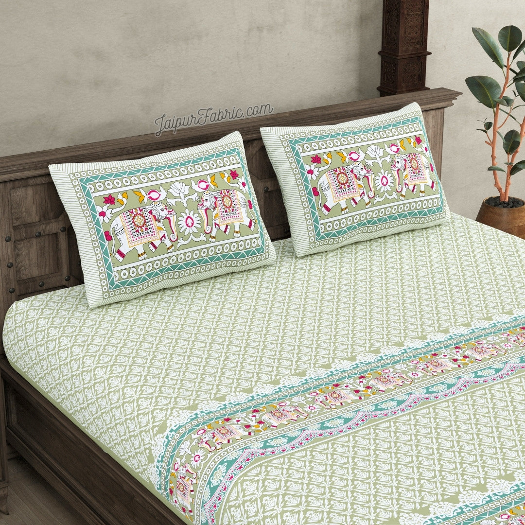 Super King Size 10 Feet Wide Bedsheet with Jaipuri Elephant Print – Choose Your Favorite Color