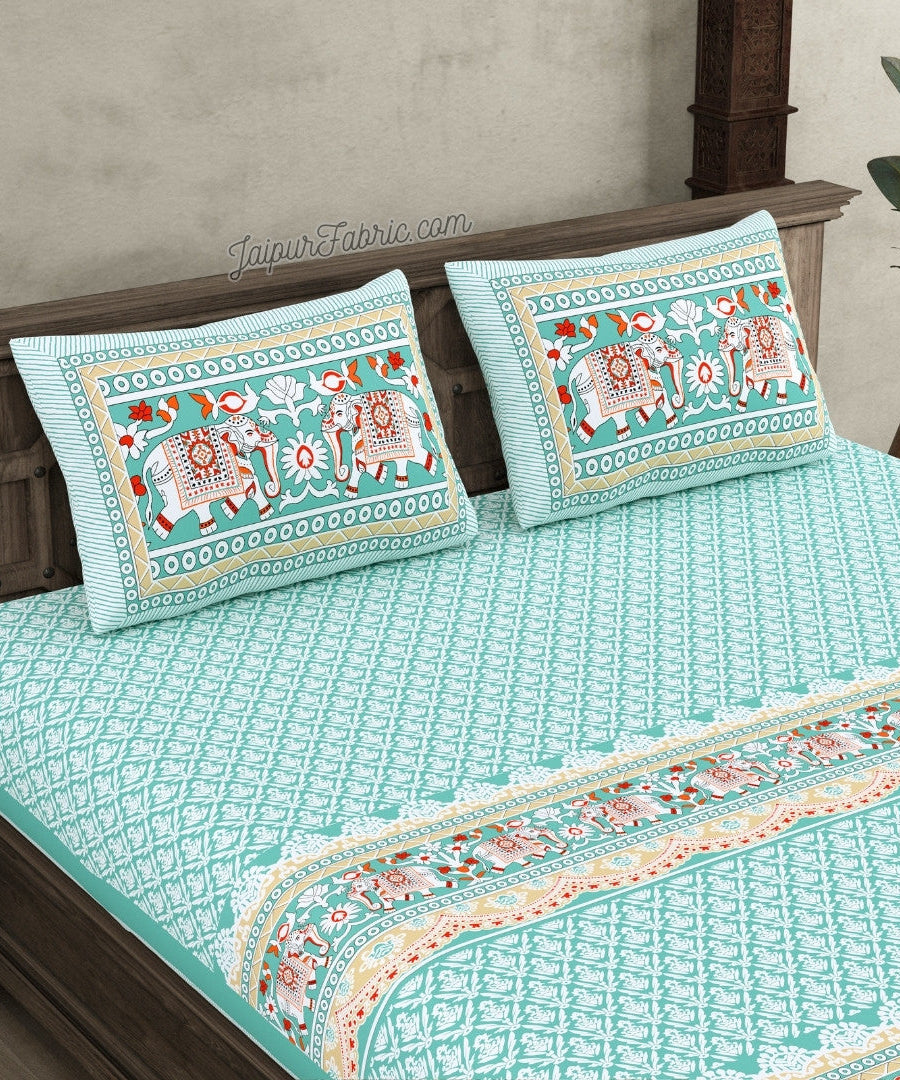 Serene Teal Elegant Elephant Print Design 10 Feet Wide Super King Size Bedsheet
