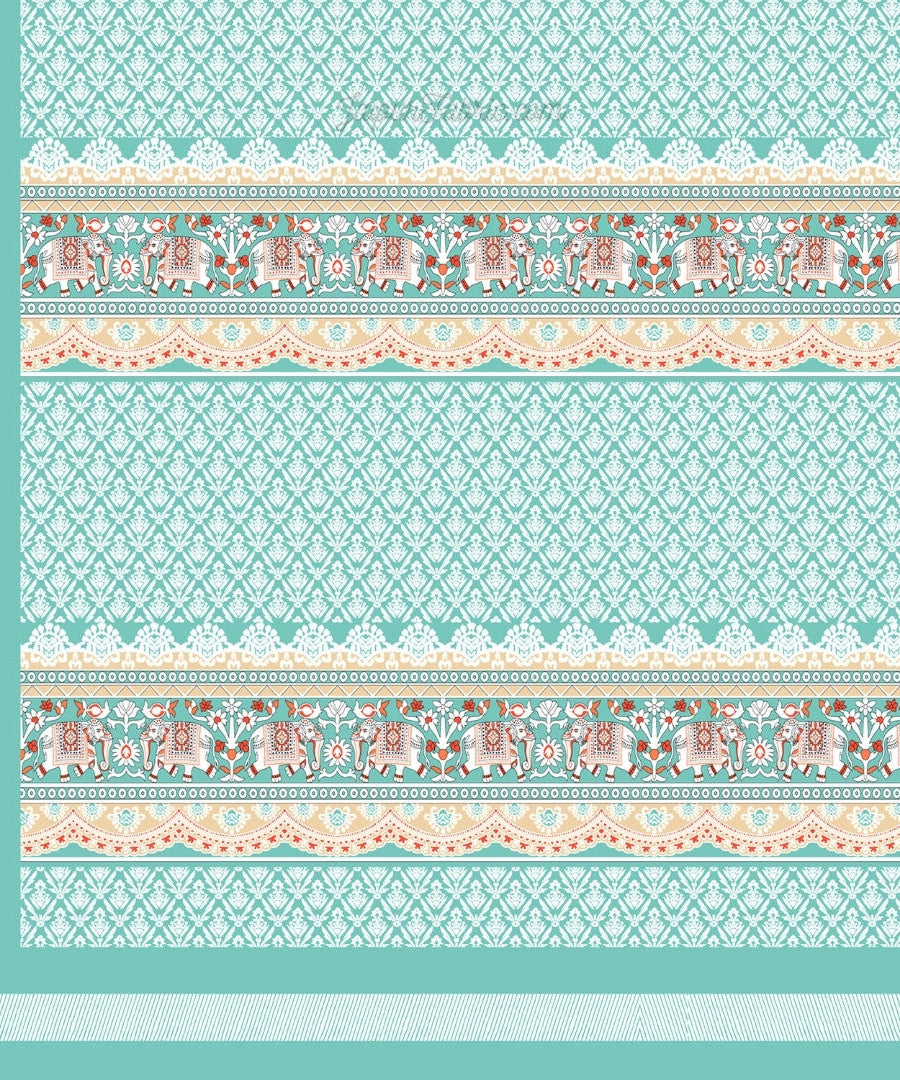 Serene Teal Elegant Elephant Print Design 10 Feet Wide Super King Size Bedsheet
