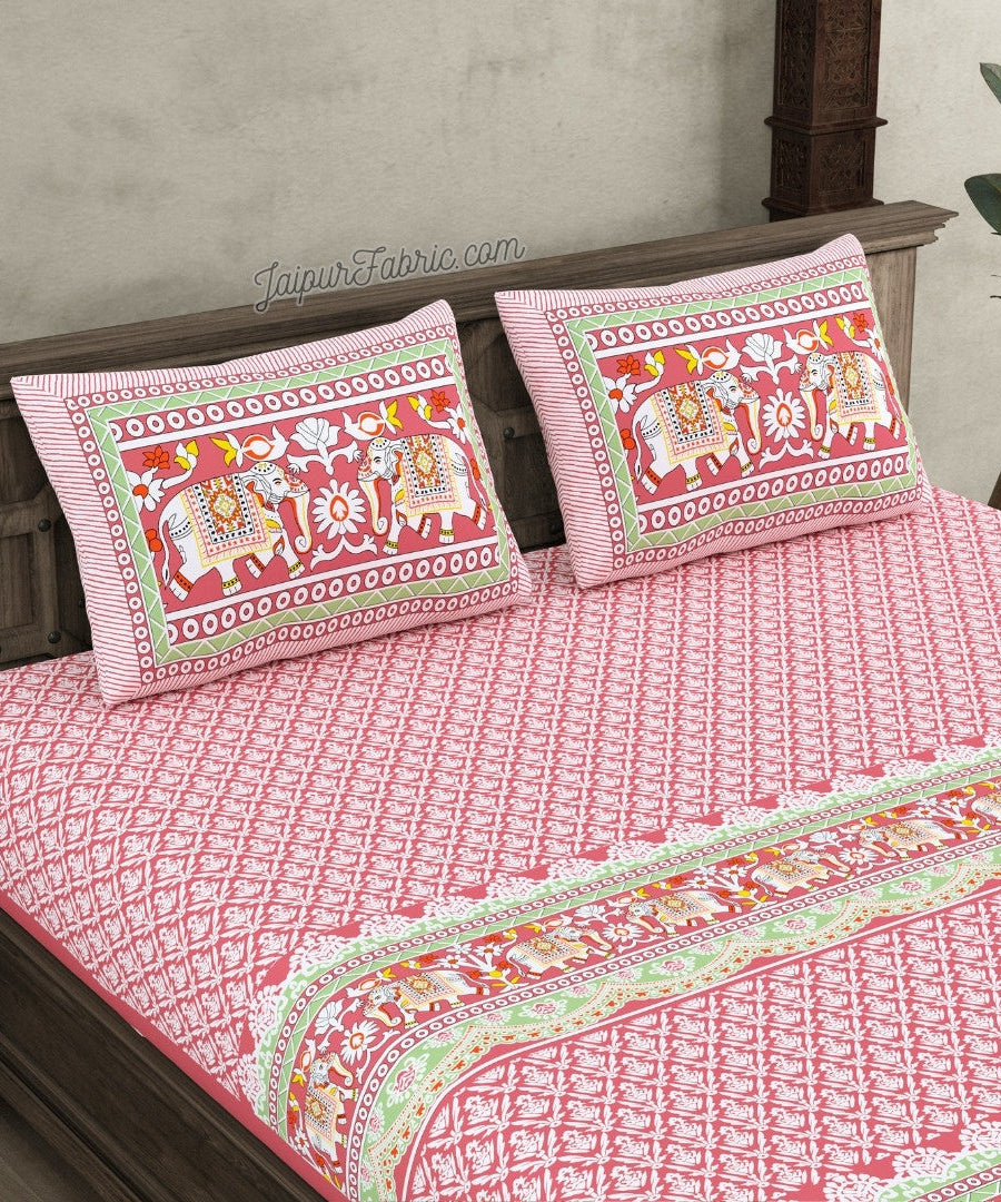 Blush Pink Super King Size 10 Feet Wide Bedsheet with Adorable Elephant Print