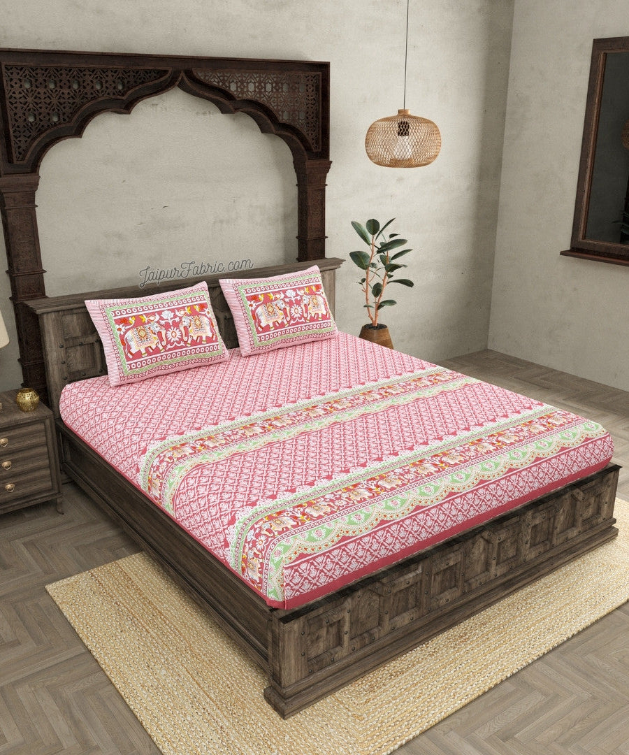 Blush Pink Super King Size 10 Feet Wide Bedsheet with Adorable Elephant Print