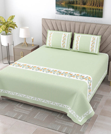 Eco-Friendly Blue Peach and Green Pure Cotton King Size Double Bedsheet Combo of 3