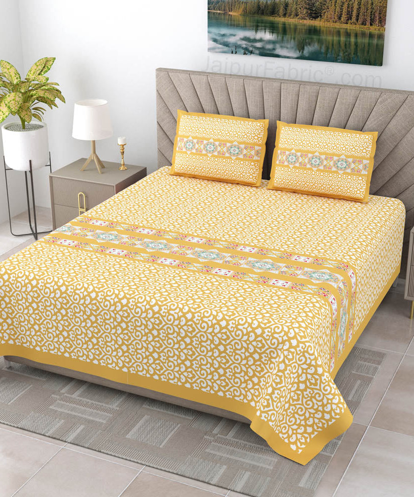 Yellow Ethnic Pure Cotton King Size Double BedSheet