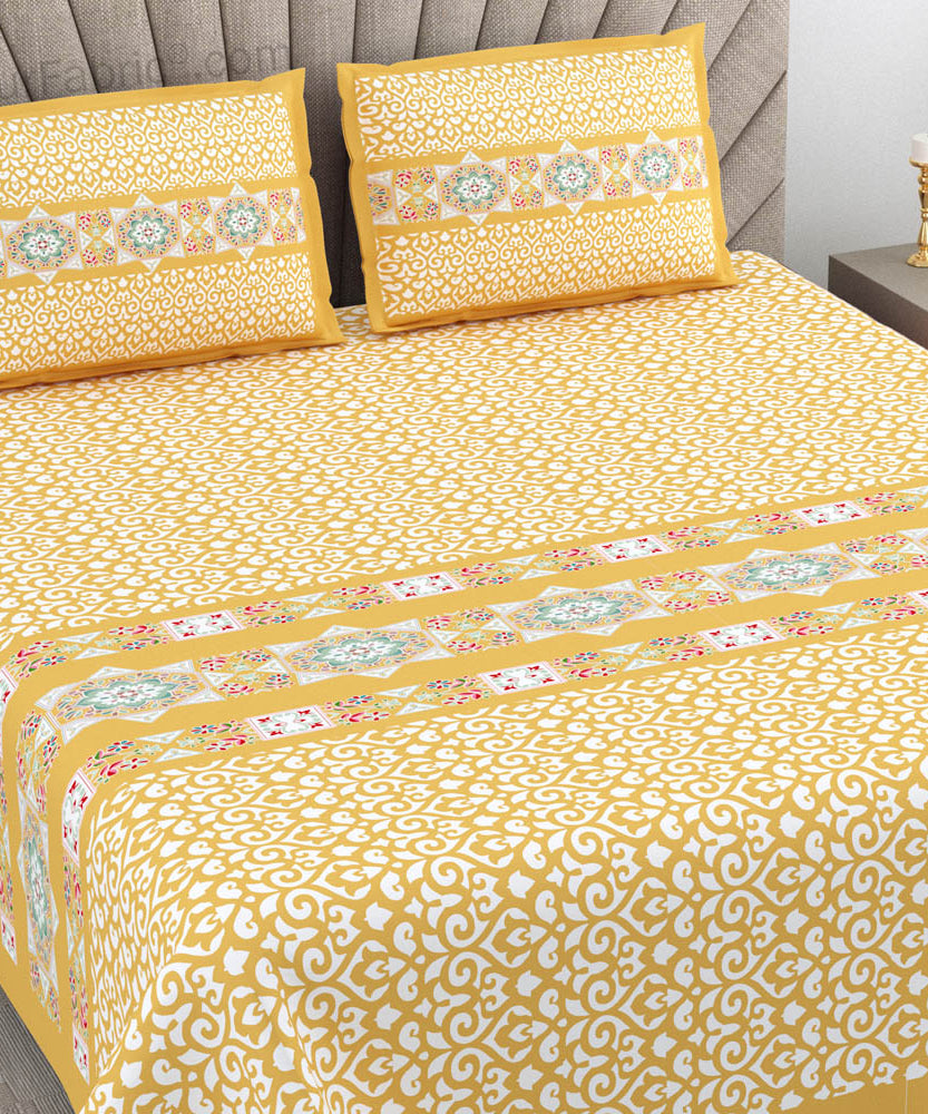 Yellow Ethnic Pure Cotton King Size Double BedSheet
