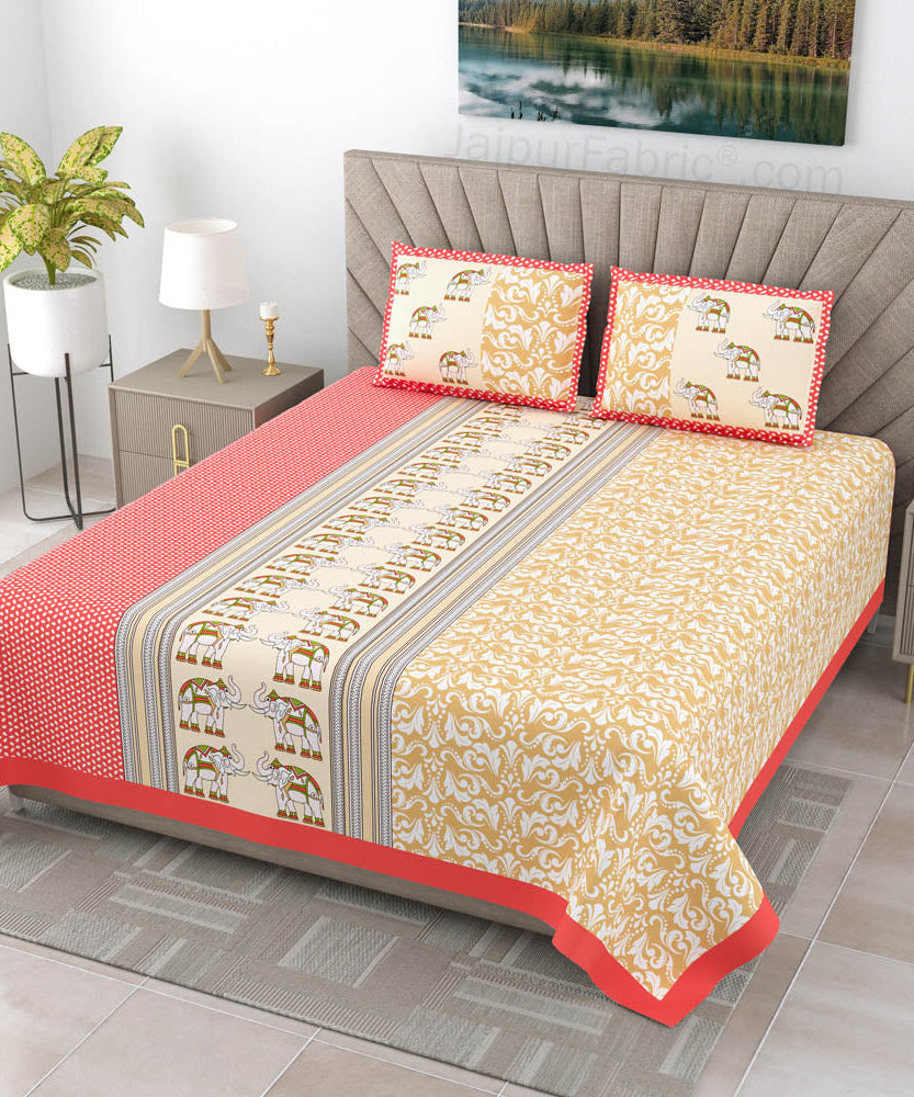 Yellowish Red Traditional Floral Pure Cotton King Size Double BedSheet
