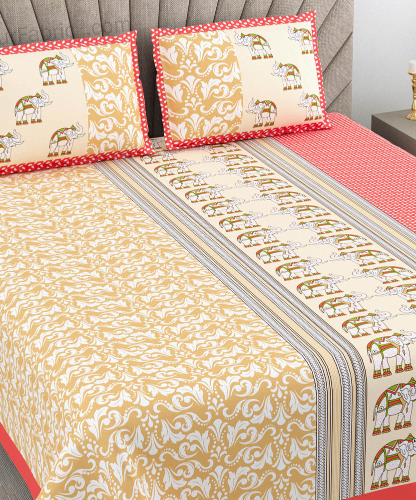 Yellowish Red Traditional Floral Pure Cotton King Size Double BedSheet
