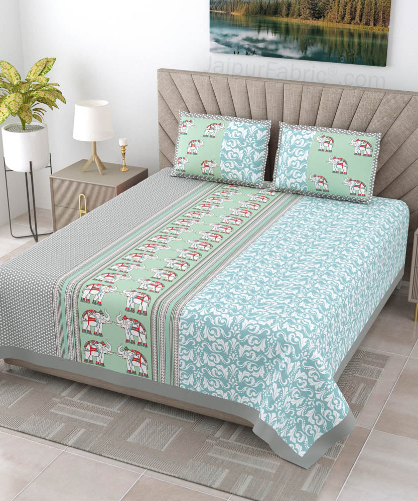 Blueish green Traditional Floral Pure Cotton King Size Double BedSheet