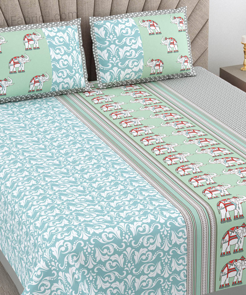 Blueish green Traditional Floral Pure Cotton King Size Double BedSheet