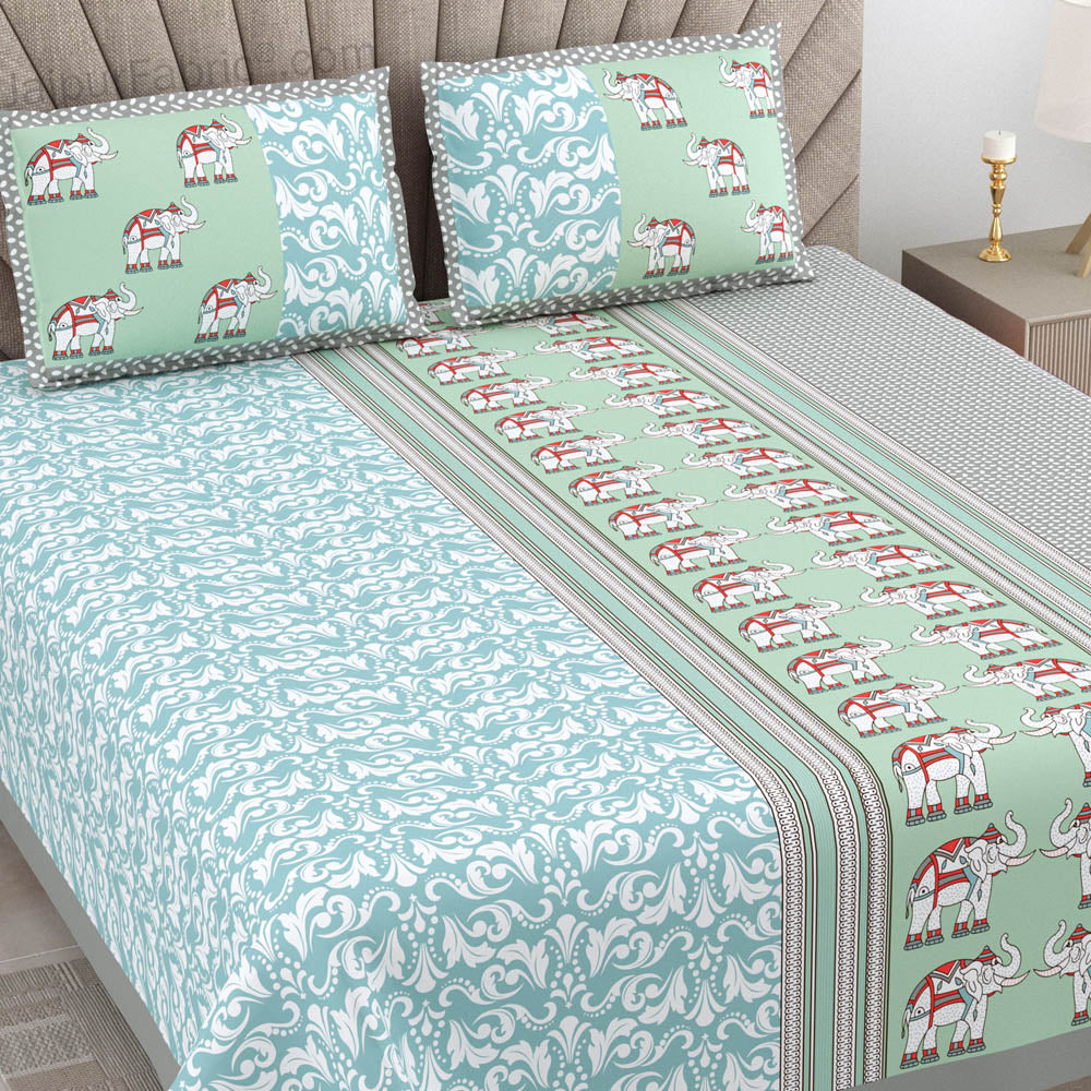 Blueish green Traditional Floral Pure Cotton King Size Double BedSheet