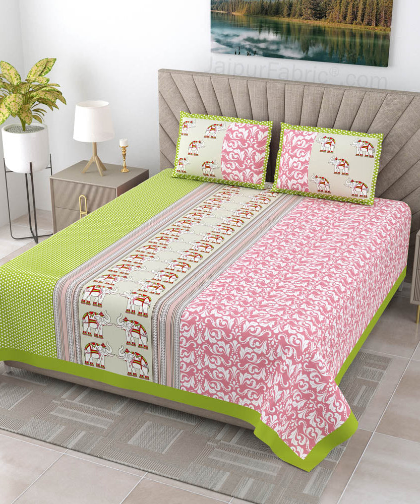 Pinkish Green Traditional Floral Pure Cotton King Size Double BedSheet