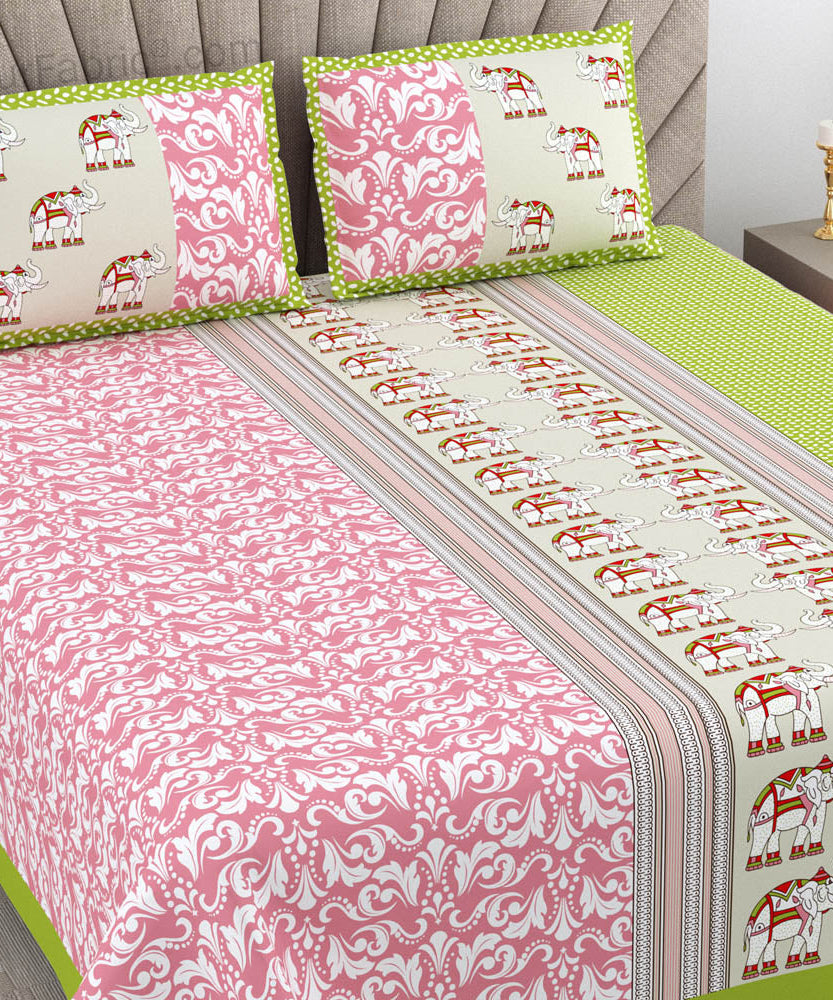 Pinkish Green Traditional Floral Pure Cotton King Size Double BedSheet