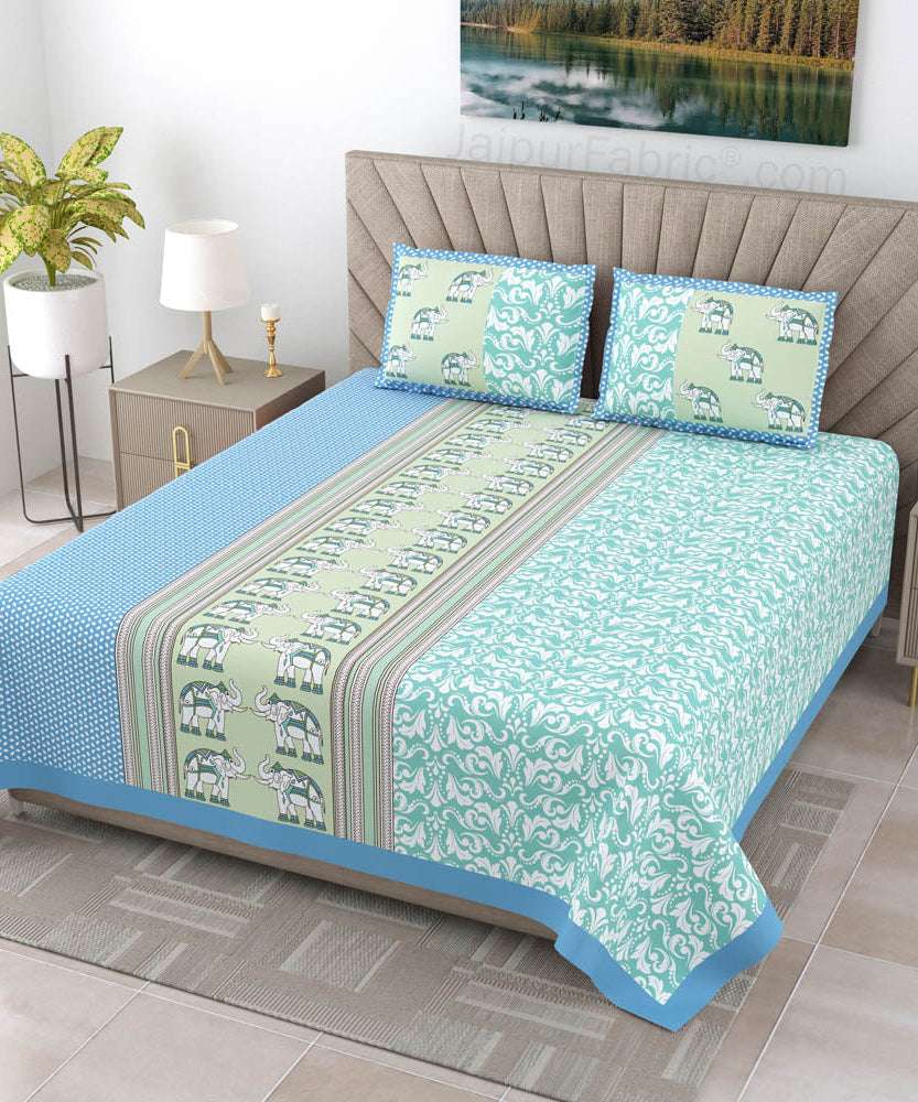 Sea Greenish Blue Traditional Floral Pure Cotton King Size Double BedSheet