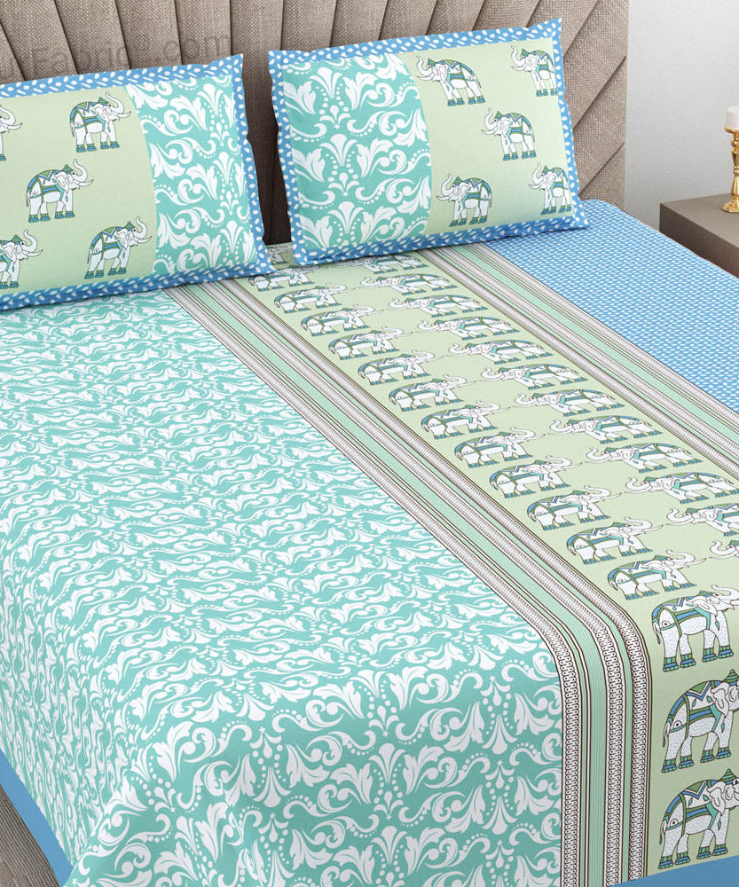 Sea Greenish Blue Traditional Floral Pure Cotton King Size Double BedSheet