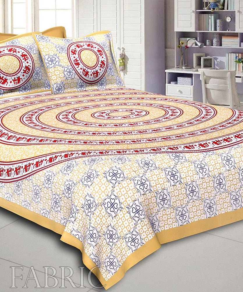Orange Border White Base Circle Elephant Pattern Screen Print Cotton Double Bed Sheet
