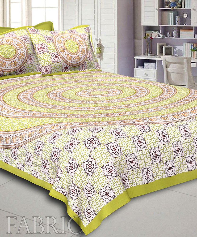 Dark Khaki Border Circle Elephant Pattern Screen Print Cotton Double Bed Sheet