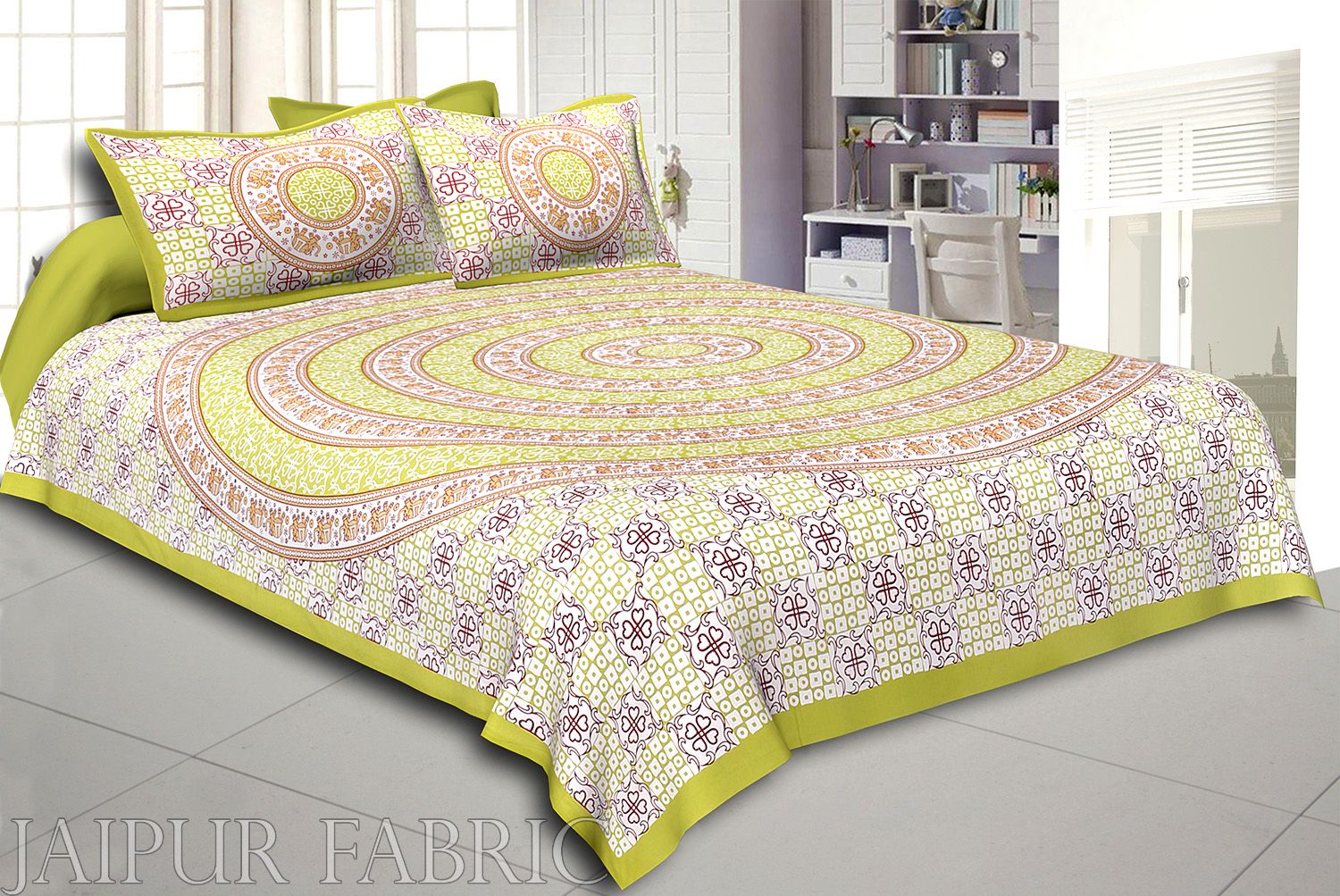 Dark Khaki Border Circle Elephant Pattern Screen Print Cotton Double Bed Sheet