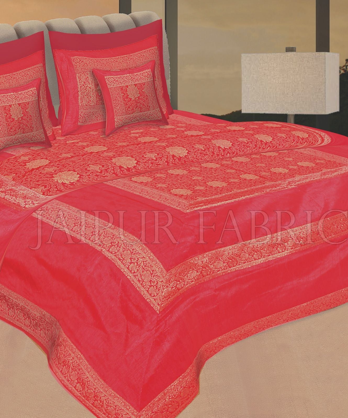 Red Rajasthani Zari Embroidered Lace Work Silk Double Bed Sheet