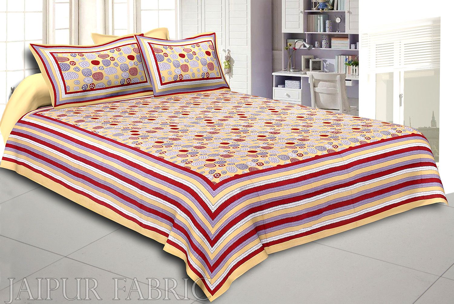 Peach Puff Border Peach Puff Base Stone Pattern Screen Print Cotton Double Bed Sheet