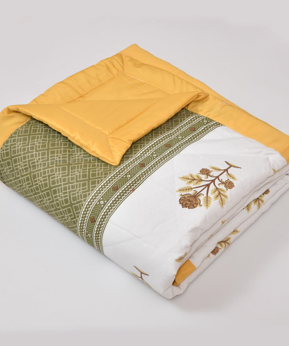 Floral Print Yellow Cotton Quilted Bedcover Comforter Blanket