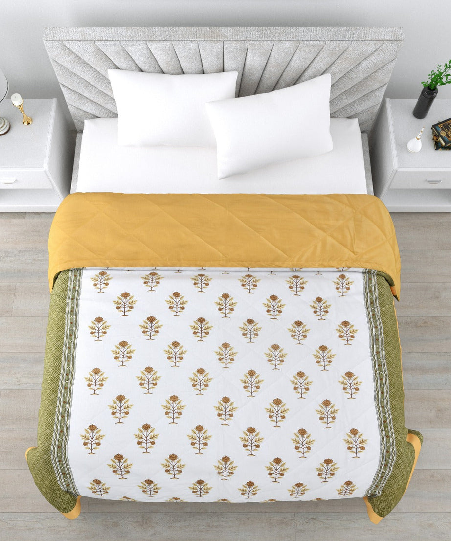 Floral Print Yellow Cotton Quilted Bedcover Comforter Blanket