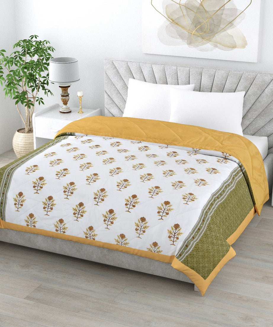 Floral Print Yellow Cotton Quilted Bedcover Comforter Blanket
